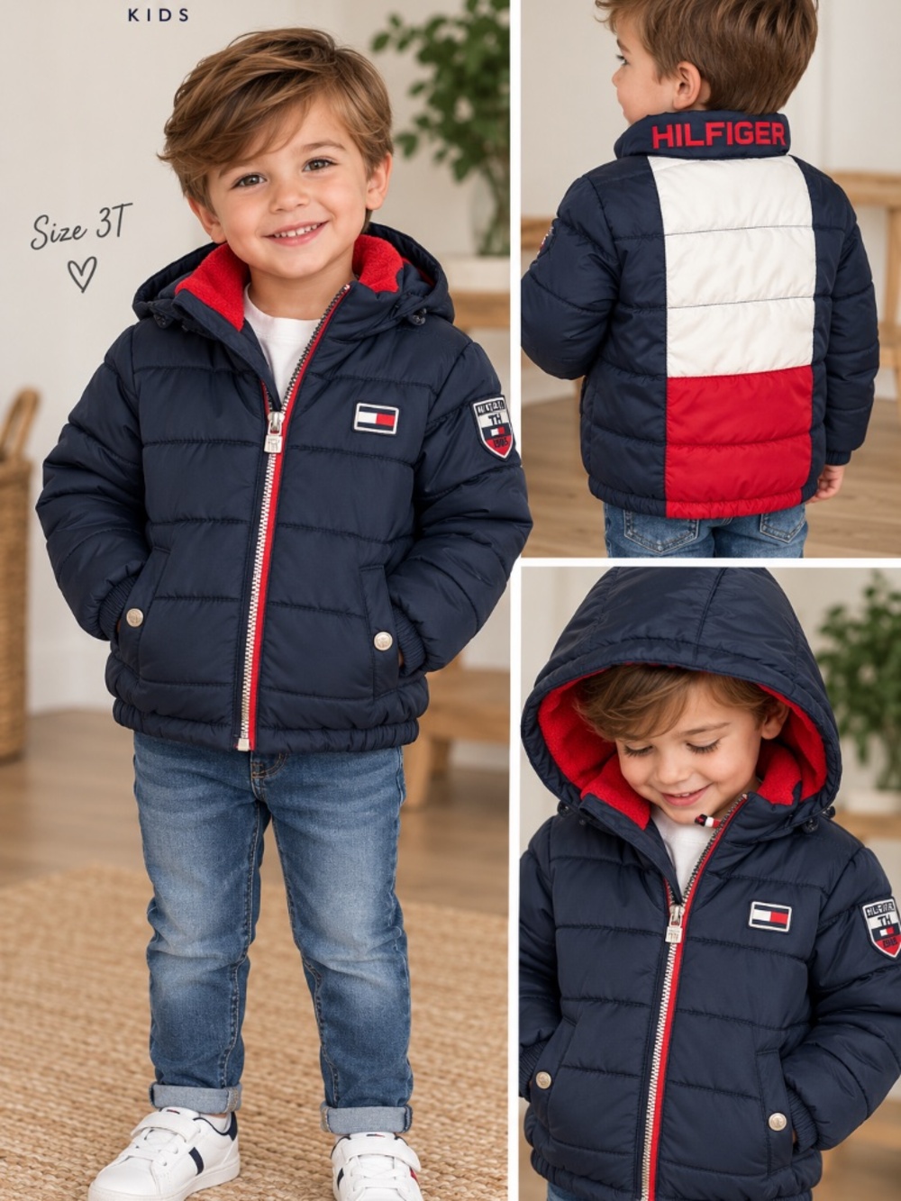 Tommy Hilfiger Boys 3T Navy White Red Puffer Jacket Fleece Lined Hooded Coat